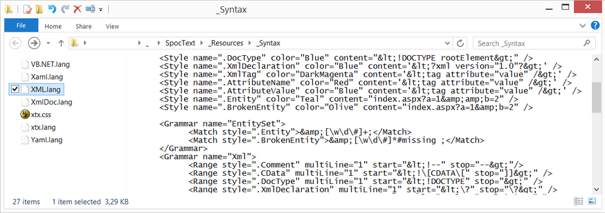 Windows Explorer with XML.lang opened in the Preview Pane